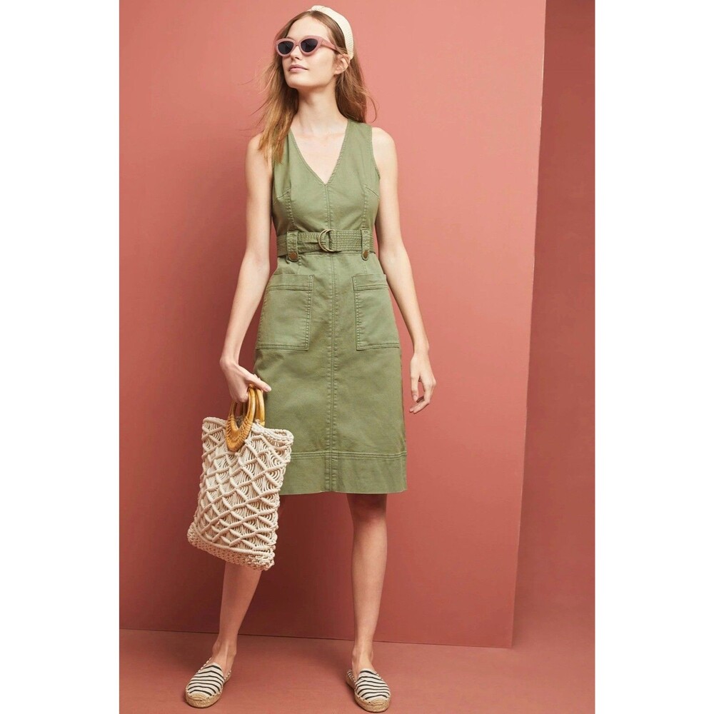 Maeve Anthropologie Dress Womens 14 Green Oona Utility Sleeveless Belted V Neck